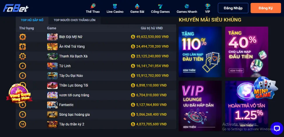 Đa dạng các trò chơi slot với jackpot lớn